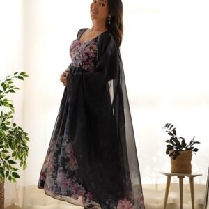 KD Women Floral Print Anarkali Kurta with Pant and Dupatta Set Anarkali Kurti for Women Georgette Anarkali Dress, Full Sleeves, Asymmetric Hemline