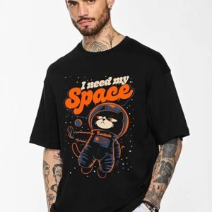 LEOTUDE Half Sleeve Oversized Cottonblend Round Neck Drop Shoulder Printed Men's T-Shirt (Color Black)