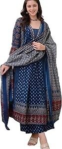 KLOSIA Women's Rayon Printed Anarkali Kurta and Pant with Dupatta Set