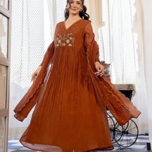 Nermosa Women Embroidery Solid Anarkali Kurta and Pant Set with Dupatta